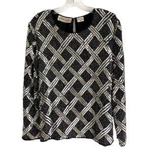 Night Vogue 100% Silk Heavily Sequined Evening Top Black with Silver Seq…